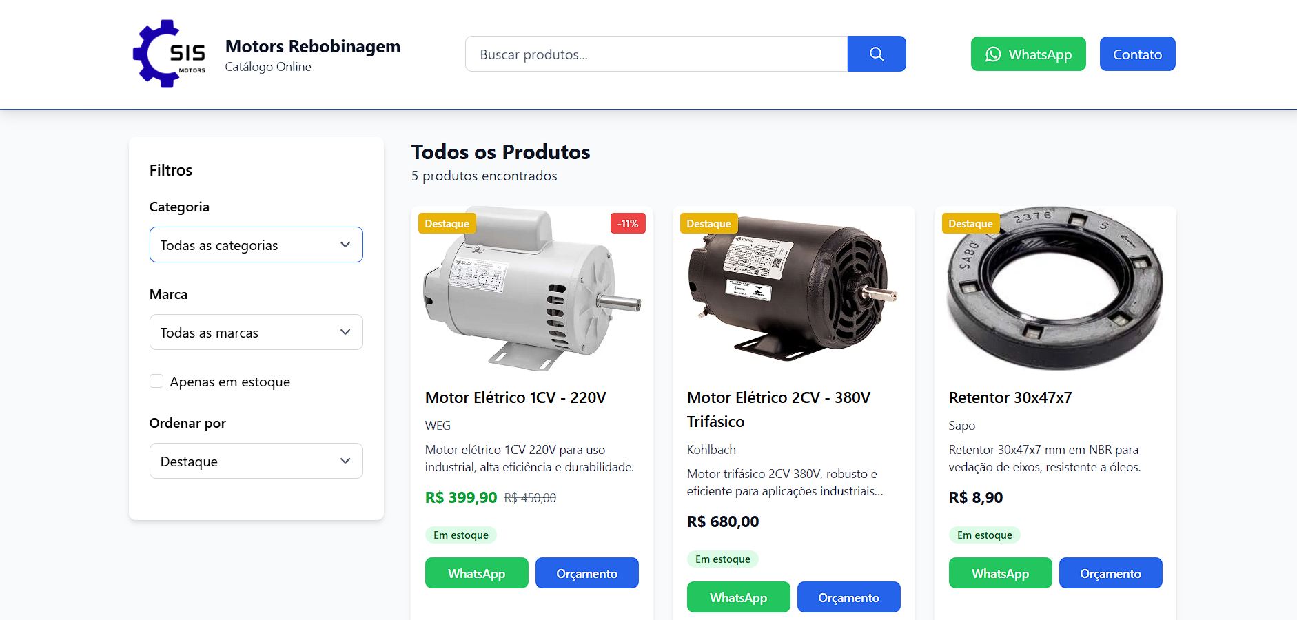 Catálogo online para casa de bombas de rebobinagem